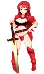  bad_id bad_tumblr_id belt breasts cleavage female full_body hand_on_own_hip large_breasts lillithlauda looking_at_viewer navel red_hair smile solo sword thighs transparent_background weapon 