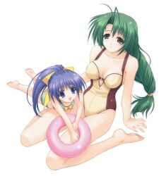  2girls :d antenna_hair bad_link barefoot bikini blue_eyes blue_hair breasts brown_eyes feet green_hair innertube kimizuka_aoi lolicon long_hair low-tied_long_hair lying medium_breasts multiple_girls on_lap on_stomach one-piece_swimsuit open_mouth pia_carrot_(series) pia_carrot_e_youkoso!!_g.o. ponytail sitting small_breasts smile striped_bikini striped_clothes swim_ring swimsuit wariza yamana_kaede yamana_tokiko 