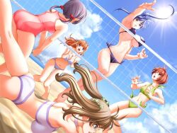  5girls beach belly bikini black_hair bounce brown_hair clenched_fists clouds curvaceous dutch_angle falling fists green_eyes jumping long_hair looking_up mizugi navel sand short_hair sun trip twintails volly volly_ball waki wide_hips 