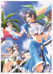  1990s_(style) 3girls bad_id bad_link blue_sarong chair front-tie_top glass kinoshita_takako legs lens_flare multiple_girls navel pia_carrot_(series) pia_carrot_e_youkoso!!_3 print_sarong retro_artstyle sandals sarong shorts sun suzuhira_hiro table tray umbrella waitress 