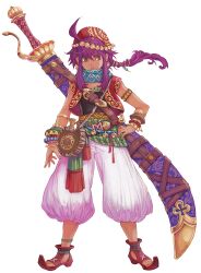  1boy anwar avalon_code brown_eyes coin_(ornament) earrings haccan highres huge_weapon jewelry long_hair male_focus official_art photoshop_(medium) purple_hair simple_background solo weapon 