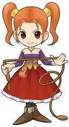  breasts cleavage corset dragon_quest dragon_quest_viii dress earrings female holding holding_weapon itadaki_street jessica_albert jewelry looking_at_viewer medium_breasts official_art photoshop_(medium) purple_shirt red_dress red_eyes red_hair shirt short_twintails simple_background smile solo standing strapless strapless_dress twintails weapon whip white_background 