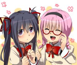  2girls akemi_homura alternate_hairstyle bad_id bad_pixiv_id black_eyes black_hair borrowed_clothes bow braid eyewear_switch glasses hair_ribbon hairbow hairstyle_switch kaname_madoka long_hair mahou_shoujo_madoka_magica mahou_shoujo_madoka_magica_(anime) marimo_danshaku mitakihara_school_uniform multiple_girls open_mouth pink_hair red-framed_eyewear ribbon school_uniform semi-rimless_eyewear smile twin_braids twintails under-rim_eyewear 