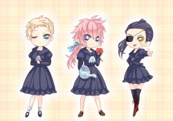  3girls black_hair blonde_hair blue_eyes dress eyepatch flower genderswap_(mtf) kingdom_hearts kingdom_hearts_ii kkkoyubi luxord marluxia multiple_girls one_eye_closed pink_hair ponytail red_flower red_rose rose rule_63 scar watering_can xigbar 