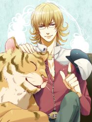  1boy ^_^ animal bad_id bad_pixiv_id barnaby_brooks_jr. belt blonde_hair cabbie_hat closed_eyes feline glasses green_eyes hat headpat jacket jewelry lovecom male_focus red_jacket ring smile solo studded_belt tiger tiger_&amp;_bunny 