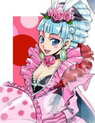  bad_id bad_pixiv_id blue_eyes blue_hair blush choker dress earrings feathers female flower frills gensou_suikoden gensou_suikoden_v hair_up hat jewelry josephine_(suikoden) photoshop_(medium) pink_flower pink_rose rose short_hair smile solo umbrella wataringo 