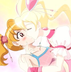  2girls blush choker closed_eyes commentary_request cure_peach dual_persona eyelashes fresh_precure! hair_ornament kissing magical_girl momozono_love multiple_girls photoshop_(medium) pink_choker pink_tank_top pink_wrist_cuffs precure red_eyes selfcest shin_(irowanioedo) surprise_kiss surprised tank_top twintails wrist_cuffs yuri 