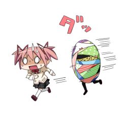  akemi_homura chasing chibi commentary_request egg female female_pervert kaname_madoka kinosuke_(sositeimanoga) lowres mahou_shoujo_madoka_magica mahou_shoujo_madoka_magica_(anime) mitakihara_school_uniform object_on_head panties panties_on_head pantyhose pervert pink_hair school_uniform simple_background underwear 