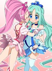  2girls bad_id bad_pixiv_id blue_choker blue_eyes blue_hair blue_skirt blush bow brooch choker closed_eyes commentary_request cure_blossom cure_marine dress hair_ornament hair_ribbon hairpin hanasaki_tsubomi hands_on_another&#039;s_shoulders heart heart_brooch heartcatch_precure! high_ponytail homing_(areya) imminent_kiss jewelry kurumi_erika long_hair magical_girl multiple_girls panties petals pink_bow pink_choker pink_hair ponytail precure ribbon skirt surprised thighhighs underwear white_legwear white_panties wide_ponytail yuri zettai_ryouiki 