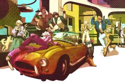  4girls 6+boys agnes_joubert antonio_lopez ass barnaby_brooks_jr. blonde_hair blue_jacket bomber_jacket brown_hair brown_legwear bruce_lee&#039;s_jumpsuit cabbie_hat car chest_hair commentary_request hat highres huang_baoling jacket jumpsuit kaburagi_kaede kaburagi_t._kotetsu karina_lyle keith_goodman lab_coat left-hand_drive miniskirt motor_vehicle mov multiple_boys multiple_girls nathan_seymour necktie red_hair red_jacket saitou_(tiger_&amp;_bunny) shelby_cobra short_hair side_ponytail skirt sweater thighhighs tiger_&amp;_bunny v-neck vehicle_focus vest zettai_ryouiki 