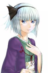  black_hairband blue_eyes blunt_bangs bob_cut commentary_request female grey_hair hairband hand_on_own_chest hands japanese_clothes kimono konpaku_youmu mossari_poteto solo touhou upper_body white_background 