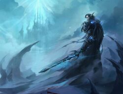  1boy armor black_hair blood_elf_(warcraft) blue_eyes death_knight ice male_focus photoshop_(medium) player_character_(wow) sandara snow solo sword warcraft weapon world_of_warcraft 