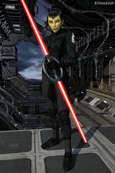  1girls black_hair clothed clothing ethakar female female_clothed female_focus female_only female_solo hi_res inquisitor inquisitor_(star_wars) lightsaber mirialan pose red_lightsaber seventh_sister smile star_wars star_wars_rebels watermark yellow_eyes 