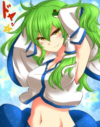  armpits arms_up blue_background blue_skirt blush breasts cleavage closed_mouth colored_eyelashes commentary_request detached_sleeves doyagao eyes_visible_through_hair female frog_hair_ornament green_hair groin hair_between_eyes hair_ornament hair_tubes hands_in_hair kochiya_sanae long_hair medium_breasts midriff navel roki_(hirokix) seductive_smile shirt sidelocks skirt sleeveless sleeveless_shirt smile smug snake_hair_ornament solo star_(symbol) starry_background touhou upper_body white_shirt white_sleeves wide_sleeves yellow_eyes 