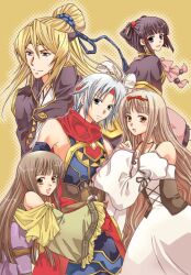  2boys 3girls :o armpits black_hair blonde_hair blue_eyes braid brown_eyes brown_hair commentary_request dress freyjadour_falenas gensou_suikoden gensou_suikoden_v group_picture hair_bun hair_rings hairband headband kyle_(suikoden) long_hair luserina_barows lymsleia_falenas lyon_(suikoden) multiple_boys multiple_girls scarf short_hair single_hair_bun smile triplebomber white_hair 