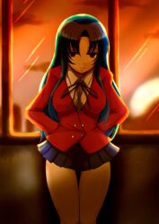  blue_hair breasts commentary_request female jpeg_artifacts kawashima_ami legs long_hair medium_breasts miniskirt photoshop_(medium) pleated_skirt school_uniform serafuku skirt solo sunset thigh_gap thighs toradora! wakame window 