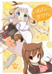  2girls animal_ears blonde_hair blue_eyes bow brown_hair cape cat_ears commentary_request dog_ears feline hat highres kamikita_komari little_busters! long_hair multiple_girls natsu_(norari_kurari) noumi_kudryavka oerba_yun_fang paw_pose pink_bow ponytail red_eyes tail 