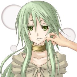  caam_serenity_of_gusto cheek_pinching commentary_request duel_monster female green_eyes green_hair long_hair looking_at_viewer pinching shintani_tsushiya simple_background white_background yu-gi-oh! 