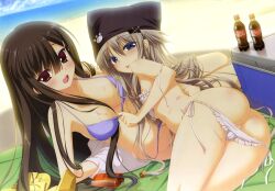  2girls :p absurdres arikawa_satoru ass bikini bottle brand_name_imitation breasts cleavage hair_flowing_over hair_spread_out hat highres inufue_nayu kiyonomiya_mitsu long_hair luna_lia medium_breasts multiple_girls panties panty_pull swimsuit tongue tongue_out underwear very_long_hair wet yomehapi 