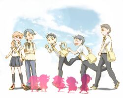  4boys aged_up ascot bad_id bad_pixiv_id bag belt blonde_hair boo-chan brown_hair closed_eyes crayon_shin-chan crossed_arms female glasses kazama_tooru multiple_boys necktie nohara_shinnosuke open_mouth running sakurada_nene satchel satou_masao school_uniform shirt short_twintails smile twintails wavy_mouth yukinome 