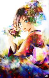  bad_id bad_pixiv_id blue_eyes brown_hair female flower hair_flower hair_ornament highres japanese_clothes meiko_(vocaloid) short_hair smile solo tongue umu_(um) vocaloid 