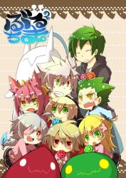  4girls animal_ears arc_system_works blazblue blazblue:_calamity_trigger blonde_hair blue_ribbon blush braid brothers candy cat_ears closed_eyes eyepatch female girl glasses green_eyes green_hair grey_hair hair_ornament hazama heterochromia hood hoodie jin_kisaragi kisaragi_jin kokonoe kuro_yuzu lambda-11 lollipop long_hair male miniskirt multiple_boys multiple_girls noel_vermillion nu-13 open_mouth pink_hair ponytail ragna_the_bloodedge red_eyes ribbon short_hair siblings single_braid skirt sweater yellow_eyes yellow_ribbon 