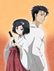  2boys back-to-back black_hair brown_eyes commentary_request facial_hair goatee_stubble hair_ornament hairclip highres japanese_clothes lab_coat miko multiple_boys okabe_rintarou otoko_no_ko purple_eyes scabbard sheath short_hair skull_hair_ornament smile steins;gate stubble sword urushibara_ruka wabi_(wbsk) weapon 