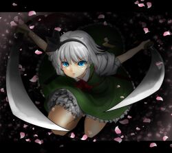  bad_id bad_pixiv_id bloomers blue_eyes cherry_blossoms dress dress_shirt dual_wielding female green_dress grey_hair headband holding katana konpaku_youmu letterboxed misima1029 photoshop_(medium) shirt short_hair solo sword toron_(mino106) touhou underwear weapon white_hair 