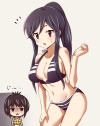  2girls :&lt; :o a_channel alternate_hairstyle bare_shoulders bikini black_hair blush breast_envy breasts brown_eyes cleavage commentary_request groin hand_on_thigh ichii_tooru kisugi_akira large_breasts long_hair multiple_girls navel nishi_yuuko ponytail short_hair staring sweat swimsuit thighs tsurime 