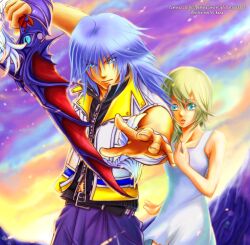  1boy aqua_eyes artist_name blonde_hair denim dress female green_eyes grey_hair jeans kingdom_hearts kingdom_hearts_ii namine navel pants pastoral riku_(kingdom_hearts) sundress vest watermark web_address 