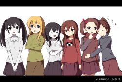  6+girls alternate_hairstyle bad_id bad_pixiv_id black_hair blonde_hair blue_eyes blush brown_eyes brown_hair drooling finger_to_mouth green_shirt kamakurako madotsuki mafurako mizukami_ryouma monoe monoko multiple_girls open_mouth poniko ponytail purple_skirt scarf shirt skirt sleeping smile sweatdrop twintails yume_nikki 