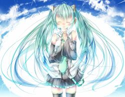  aqua_hair bare_shoulders blush closed_eyes cloud commentary_request detached_sleeves female hatsune_miku headset long_hair necktie skirt sky smile solo sugiyuu thighhighs twintails vocaloid zettai_ryouiki 