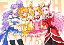  4girls aono_miki arm_up bare_shoulders black_choker black_pantyhose black_thighhighs blonde_hair blue_choker blue_skirt blue_wrist_cuffs bow choker commentary_request cure_berry cure_passion cure_peach cure_pine dress earrings fresh_precure! frills group_picture hair_ornament hair_ribbon hairpin heart heart_hair_ornament higashi_setsuna jewelry long_hair magical_girl midriff momozono_love multiple_girls navel orange_choker orange_eyes orange_hair pantyhose photoshop_(medium) pink_bow pink_choker pink_hair pink_wrist_cuffs precure purple_eyes purple_hair red_eyes ribbon sassa_(cb) short_hair side_ponytail skirt smile thighhighs tiara waist_bow wings wrist_cuffs yamabuki_inori zettai_ryouiki 