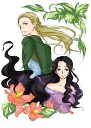  1boy arwen azuma_10932 black_hair blonde_hair blue_eyes braid elf female flower green_eyes legolas long_hair photoshop_(medium) pointy_ears the_lord_of_the_rings tolkien&#039;s_legendarium very_long_hair 