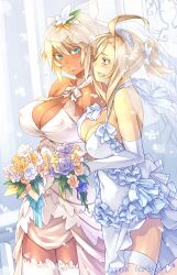  23_(real_xxiii) 2girls ahoge bare_shoulders blonde_hair blue_eyes blush bouquet breasts bridal_veil bride cleavage colored_eyelashes commentary_request couple covered_nipples dark-skinned_female dark_skin dress earrings elbow_gloves flower gloves green_eyes grin halterneck highres jewelry large_breasts lips long_hair matching_earrings multiple_girls open_mouth original ponytail sela_(23) smile thighhighs ursula_(23) veil wedding wedding_dress white_thighhighs wife_and_wife yuri 