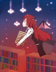  bad_id bad_pixiv_id bat_wings book bookshelf buttons carrying female flying holding holding_book koakuma library long_hair long_sleeves necktie pantyhose profile pun2 red_eyes red_hair shelf skirt smile solo touhou vest voile wings 