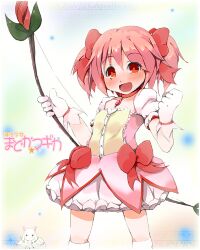  :d bad_id bad_pixiv_id blush bow bow_(weapon) female hairbow kaname_madoka kaname_madoka_(magical_girl) kyuubee magical_girl mahou_shoujo_madoka_magica mahou_shoujo_madoka_magica_(anime) open_mouth orange_eyes pink_hair rakkogawa_rinro short_hair smile solo weapon 