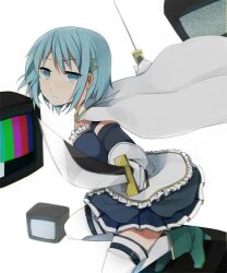  blue_eyes blue_hair cape commentary_request female foreshortening gloves highres mahou_shoujo_madoka_magica mahou_shoujo_madoka_magica_(anime) miki_sayaka miki_sayaka_(magical_girl) short_hair solo static sword television test_card thighhighs tsuduya_(knt31) weapon 