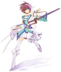  1boy adapted_costume asbel_lhant bare_shoulders blue_eyes boots brown_hair commentary_request crossdressing flower full_body hair_ornament hairband knee_boots male_focus photoshop_(medium) retpa skirt solo sword tales_of_(series) tales_of_graces thighhighs weapon white_background white_thighhighs 