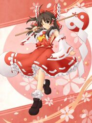  ascot bad_id bad_pixiv_id blush bobby_socks bow breasts brown_eyes brown_hair female gohei hair_tubes hairbow hakurei_reimu highres loafers long_hair medium_breasts midriff musouzuki no_bra one_eye_closed petals red_bow red_skirt shoes sideboob skirt smile socks solo touhou white_socks yin_yang 