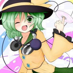  bakko blush cd commentary_request eyeball female green_eyes green_hair hat headphones heart komeiji_koishi md5_mismatch one_eye_closed open_mouth short_hair skirt smile solo symbol-shaped_pupils third_eye touhou 