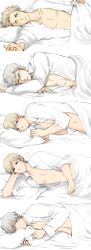  5boys ahoge aqua_eyes axis_powers_hetalia bed_sheet blonde_hair blue_eyes blush bored commentary_request denmark_(hetalia) embarrassed empty_eyes finland_(hetalia) glasses grey_hair hair_ornament hairclip highres hugging_object iceland_(hetalia) looking_at_viewer lying male_focus messy_hair multiple_boys norway_(hetalia) on_side one_eye_closed open_clothes open_shirt outstretched_arm pillow pillow_hug purple_eyes serious shirt sweden_(hetalia) tori_(driftwood) 