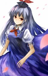  bad_id bad_pixiv_id blue_dress blue_hair breasts cherry_blossoms dress female grey_hair hat highres kamishirasawa_keine long_hair medium_breasts metalwasabi petals photoshop_(medium) red_eyes smile solo tokin_hat touhou 