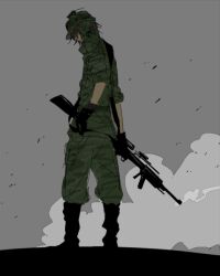  1boy bad_id bad_pixiv_id black_hair gun ine_(zx_o4) male_focus military military_uniform nezumi_(no.6) no.6 smoke smoking_barrel soldier solo uniform weapon 