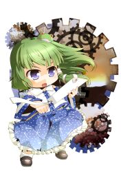  blue_eyes blush chibi commentary_request detached_sleeves dnk female frog gears gohei green_hair hair_ornament kochiya_sanae long_hair skirt snake solo touhou 