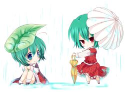  2girls antennae bad_id bad_pixiv_id blush cape chibi dress green_hair kazami_yuuka leaf_umbrella looking_away multiple_girls outstretched_hand pants rain red_eyes shirt short_hair sitting standing touhou umbrella wavy_mouth wet wet_clothes wriggle_nightbug yukimiya_(parupunta) 