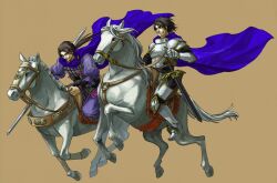  2boys animal armor barding black_hair boots breastplate bridle brown_background cao_pi cape cavalry commentary_request crossover gauntlets gensou_suikoden gensou_suikoden_ii gloves greaves grin holding holding_reins horse horseback_riding long_hair luca_blight male_focus multiple_boys photoshop_(medium) ponytail puffy_sleeves reins riding saddle sassa_(cb) scabbard sheath sheathed shin_sangoku_musou simple_background sleeves_past_elbows smile stirrups_(riding) sword weapon white_horse 