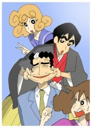  2boys 2girls :d :o aged_up blue_background cheek_poking clenched_hand collared_shirt commentary_request crayon_shin-chan dress_shirt formal jacket long_sleeves multiple_boys multiple_girls necktie nohara_himawari nohara_hiroshi nohara_misae nohara_shinnosuke official_style open_mouth poking sharp_teeth shirt simple_background smile suit teeth tsubasa_vision upper_body 