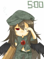  black_hair chibi eiri_(eirri) female hat long_hair no_nose one_eye_closed reiuji_utsuho rubbing_eyes sleepy solo touhou wings 