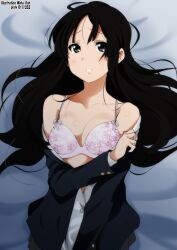  akiyama_mio artist_name black_eyes black_hair blush bra breasts cleavage commentary_request female k-on! lingerie long_hair medium_breasts off_shoulder photoshop_(medium) pink_bra sakuragaoka_high_school_uniform school_uniform signature solo sweat underwear yamasaki_wataru 